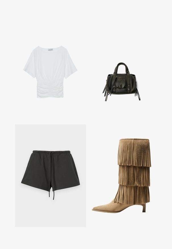 Hvid t-shirt med korte ærmer og en afslappet pasform, der har en samlet rynket design ved taljen og en glat stofstruktur. Mærke: Anna Field.; Sorte bomuldsshorts med elastisk talje og snoretræk, der har et enkelt design og en blød tekstur. Kort længde og uden mønstre.; Fringe ankelstøvle i tan ruskind med tre lag af frynser. Spids tå og en lav blokhæl. Glat tekstur over det hele.; Sort læderhåndtaske med flettede håndtag, lynlåslomme og hængende frynser. Tekstureret overflade med metalnitter og hardware-accenter.