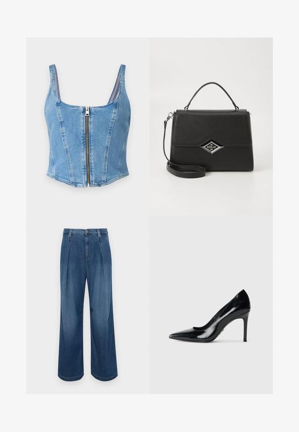Top en denim bleu clair, à encolure dégagée, avec des coutures structurées et une fermeture éclair à l'avant. Texture lisse avec une silhouette ajustée.; Pantalon en denim à jambes larges dans un bleu moyen. Il dispose d'une fermeture à bouton, de deux plis à l'avant et de coutures contrastantes. Texture douce et finition lisse.; Escarpin noir en cuir verni à bout pointu avec un talon aigu slim sur fond blanc uni.; Sac à main synthétique noir avec un design structuré, une poignée supérieure, une bandoulière amovible et un logo en forme de diamant argenté à l'avant.