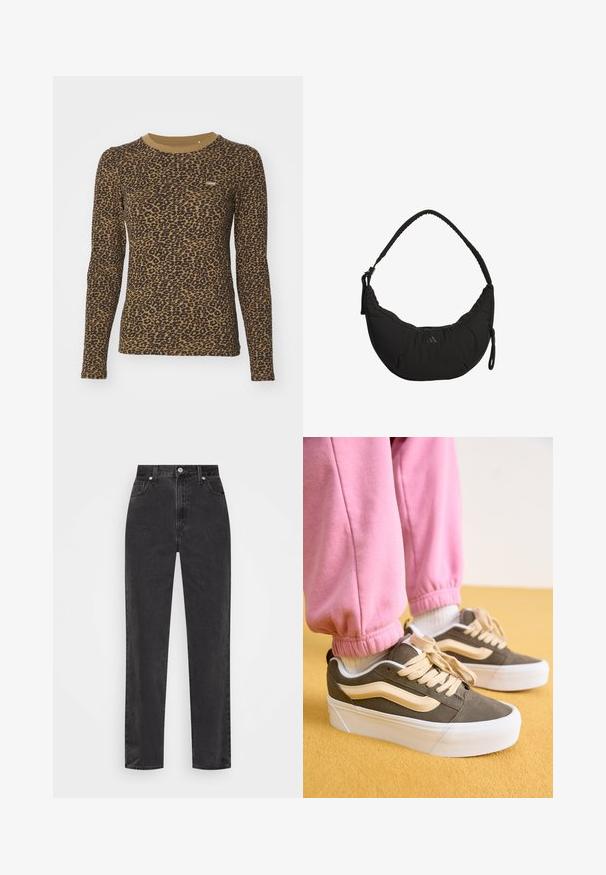 Ruskea pitkähihainen t-paita, jossa on leopardikuosinen kuvio, pyöreä pääntie ja hieman joustava materiaali. Pieni logoämpäripatchi edessä.; Suorat mustat farkut korkealla vyötäröllä, edessä nappi ja vetoketju sekä viisi taskua valkoisella taustalla.; Valkat, joissa on oliivinvihreä mokkahuppu, kermaiset yksityiskohdat ja paksu valkoinen pohja. Puettuna vaaleanpunaisiin käännettyihin collegehousuihin, seisoo keltaisella pinnalla.; Mustapainoinen olkalaukku, jossa on kaareva muotoilu, pehmustettu kangas, säädettävä olkahihna ja hillitty logo. Sisältää vetoketjullisen osaston ja teksturoituja yksityiskohtia.