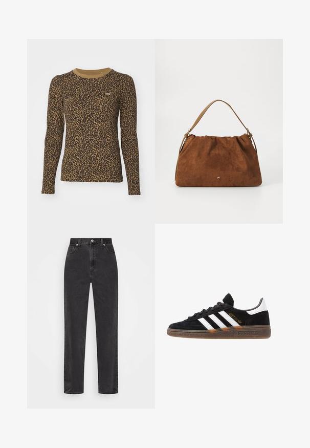 Brūns garām piedurknēm T-krekls ar leopardu rakstu, apaļo kakla izgriezumu un nelielu stiepšanos. Mazs logo uzšuvums priekšpusē.; Melnas džinsus ar taisnu kāju un augsto jostu, ar priekšējo pogu un rāvējslēdzēju, kā arī piecu kabatu dizainu uz balta fona.; Melnas Adidas sporta kurpes ar baltām svītrām, zelta "Spezial" uzrakstu, gumijas zoli un baltu papēža daļu, attēlotas profila skatījumā.; Brūna zamšāda soma ar savilkšanas dizainu, kurai ir viena gaiši brūna ādas siksna un smalka zelta logo detaļa priekšpusē.
