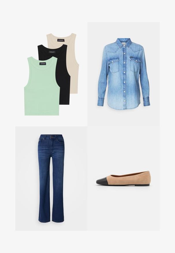 Drei Tanktops in Mintgrün, Schwarz und Beige; aus geripptem Stoff mit Rundhalsausschnitt und ohne Ärmel. Markenlabel sichtbar.; Helles blaues Denim-Hemd mit langen Ärmeln, spitzem Kragen, zwei Brusttaschen, Knopfleiste und subtiler Ausbleichung des Stoffes. Markenetikett sichtbar.; Hochgeschnittene blaue Jeans aus Denim mit weitem Bein, featuring dezente Falten, bronzene Knopfdetails und fünf Taschen.; Beige Wildleder Ballerina mit einer runden Zehenkappe aus schwarzem Leder, niedrigem Absatz und glatter Textur, mit minimaler Nahtverarbeitung und klarem Design.