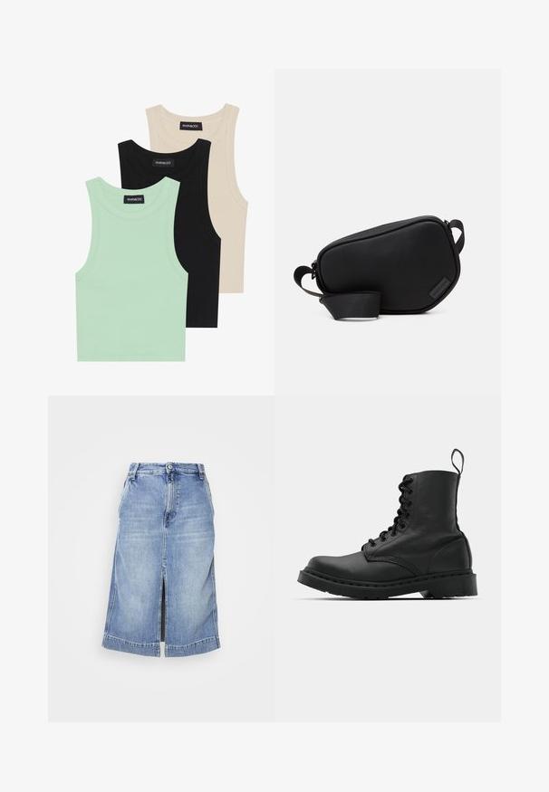 Tre linnen i mintgrön, svart och beige; tillverkade av ribbad tyg med rund halsringning och utan ärmar. Varumärkesetikett synlig.; Ljust blå denimkjol med knälång längd, framre slits, och traditionell femficksdesign med knäppning och bältesömmar.; Svart läderkampsko med rund tå, snörning fram och dragflik vid vristen. Har en tjock gummisula för hållbarhet.; Svart, zippered crossbody-väska i slätt material, med en platt form, en enkel rem och en liten logotypaccent. Minimalistisk design.