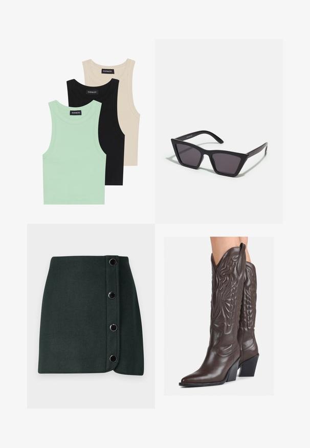 Tričko bez rukávov v mätovej zelenej, čiernej a béžovej farbe; vyrobené z rebrovanej tkaniny s okrúhlym výstrihom. Viditeľná značka značky.; Tmavozelená vlnená sukňa z zmesi materiálov s bočným zapínaním a piatimi kovovými gombíkmi, ktorá má hladkú textúru.; Hnedé kožené kovbojské topánky s špicatou špičkou a blokovým podrážkou, so zložitým prešívaním a vyvýšenými akcentmi na puzdre.; Čierne, ostré slnečné okuliare so sivými sklami; vyrobené z plastu, majú hrubé ramená s hladkým povrchom a bez viditeľnej mechaniky.