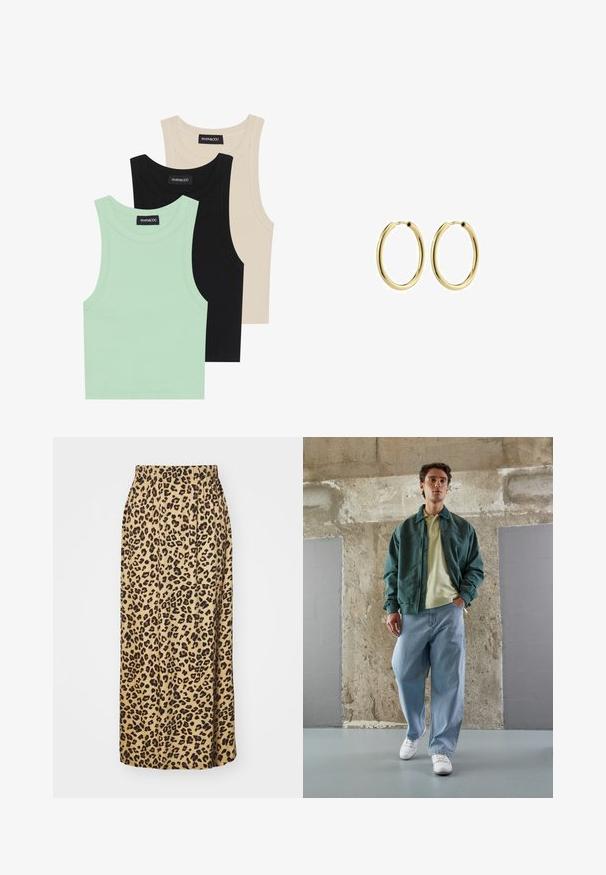 Tričko bez rukávov v mätovej zelenej, čiernej a béžovej farbe; vyrobené z rebrovanej tkaniny s okrúhlym výstrihom. Viditeľná značka značky.; Sukňa v leopardom vzore, béžová, celodlhá, s elastickým pásom, s hladkou textúrou a plisovaným dizajnom.; Zelená bomberová bunda cez svetlo žltý polo tričko, v kombinácii s voľnými modrými džínsami a bielymi teniskami. Hladké látky, uvoľnený strih, minimálny hardware.; Zlaté kovové kruhové náušnice s hladkým povrchom, kruhovým tvarom a bezpečným zapínaním. Leštený povrch bez viditeľných vzorov alebo akcentov.