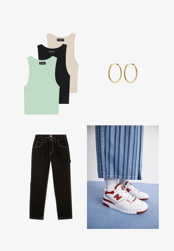 Tři tílka v mátové zelené, černé a béžové barvě; vyrobená z žebrované látky s kulatým výstřihem a bez rukávů. Viditelná značková etiketa.; Černé džíny se kontrastním bílým šitím, pěti kapsami a štítkem na boku. Standardní střih, rovný design nohavic.; Bílé a červené tenisky New Balance 550 s perforovanými detaily a silnými gumovými podrážkami, doplněné bílými žebrovanými ponožkami a pruhovanými džíny.; Zlaté kovové náušnice ve tvaru kruhu s hladkým povrchem, kulatým tvarem a bezpečnou sponou. Leštěný povrch bez viditelných vzorů či akcentů.