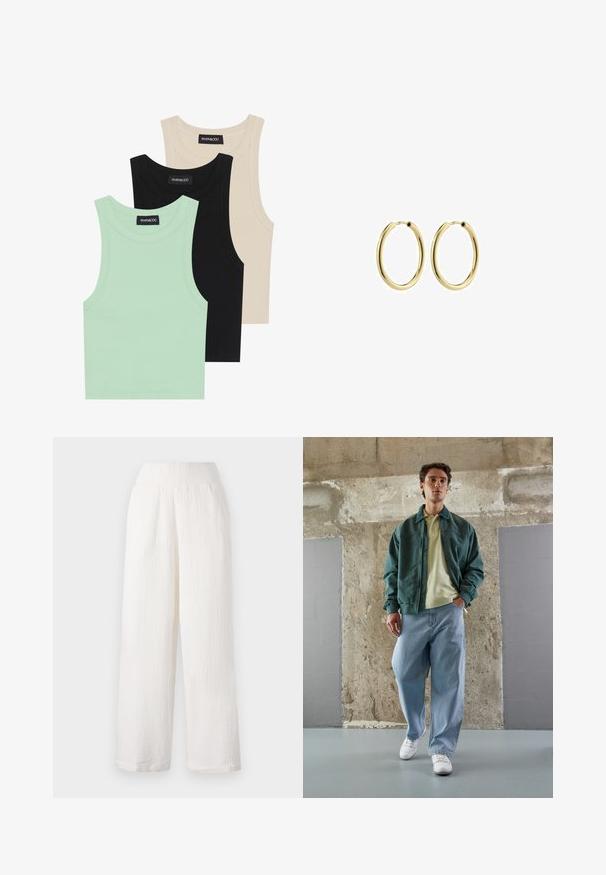 Tri majice bez rukava u boji mente, crnoj i bež boji; izrađene od rebraste tkanine s okruglim izrezom. Vidljiva oznaka branda.; Bijele široke hlače s teksturiranim, naboranim materijalom. Imaju elastičnu traku u struku i bočne džepove za praktičnost.; Zelena bomber jakna preko svijetložutog polo majice, uparenih s labavim plavim trapericama i bijelim tenisicama. Glatki materijali, opušteni kroj, minimalna dodatna oprema.; Zlatne metalne hoop naušnice s glatkom završnom obradom, okruglog oblika i sigurnim kopčanjem. Polirana površina bez vidljivih uzoraka ili akcenata.