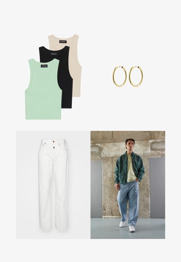 Tres camisetas sin mangas en verde menta, negro y beige; hechas de tela acanalada con un escote redondo. Etiqueta de la marca visible.; Jeans de mezclilla blanca con un diseño de pernera recta; cuentan con cierre de botón y cremallera, costuras en tono beige y bolsillos frontales.; Chaqueta bomber verde sobre una polo amarillo claro, combinada con jeans azules holgados y zapatillas blancas. Telas suaves, corte relajado, hardware mínimo.; Pendientes de aro de metal dorado con un acabado suave, forma circular y cierre seguro. Superficie pulida sin patrones o acentos visibles.