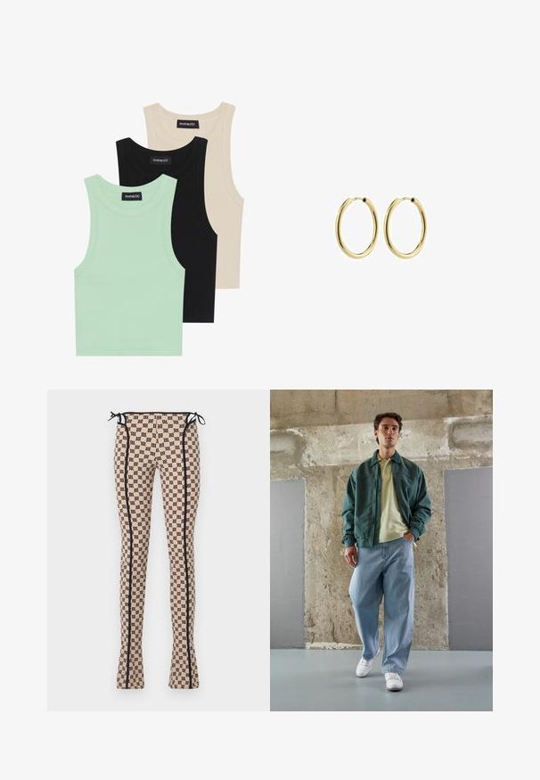 Tričko bez rukávov v mätovej zelenej, čiernej a béžovej farbe; vyrobené z rebrovanej tkaniny s okrúhlym výstrihom. Viditeľná značka značky.; Legíny s vzorom v svetlo broskyňovej farbe s čiernym potlačou loga, so čiernymi postrannými švami a viazaním na páse. Rozšírený dizajn.; Zelená bomberová bunda cez svetlo žltý polo tričko, v kombinácii s voľnými modrými džínsami a bielymi teniskami. Hladké látky, uvoľnený strih, minimálny hardware.; Zlaté kovové kruhové náušnice s hladkým povrchom, kruhovým tvarom a bezpečným zapínaním. Leštený povrch bez viditeľných vzorov alebo akcentov.