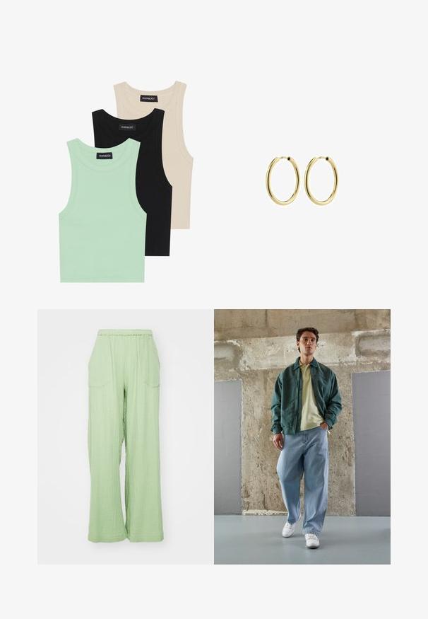 Trzy topy na ramiączkach w kolorze miętowym, czarnym i beżowym; wykonane z prążkowanej tkaniny, z okrągłym dekoltem i bez rękawów. Widać metkę marki.; Jasnozielone, szerokie spodnie z elastycznym pasem, o teksturowanej tkaninie i dwóch przednich kieszeniach. Projekt ma luźny krój.; Zielona kurtka bomberka noszona na jasnożółtym polo, w połączeniu z luźnymi niebieskimi dżinsami i białymi sneakersami. Gładkie materiały, luźny krój, minimalna ilość dodatków.; Złote metalowe kolczyki w kształcie kół z gładkim wykończeniem, okrągłe, z bezpiecznym zapięciem. Polerowana powierzchnia bez widocznych wzorów lub akcentów.