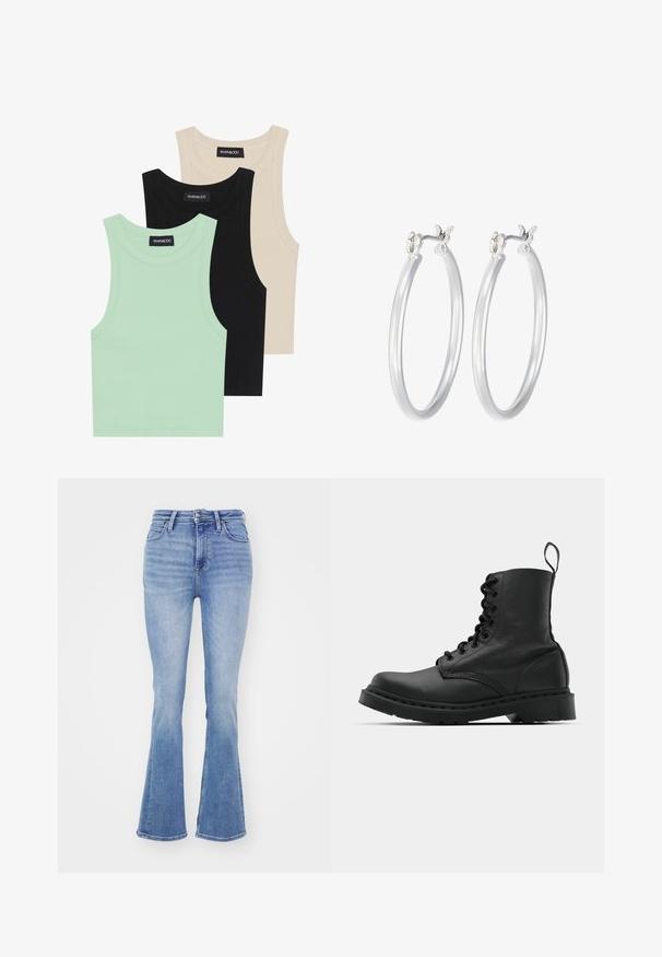 Tres camisetas sin mangas en verde menta, negro y beige; hechas de tela acanalada con un escote redondo. Etiqueta de la marca visible.; Jeans acampanados de color azul claro, fabricados en denim, con una cintura alta, diseño de cinco bolsillos y una textura suave con un ligero desgastado.; Botín de combate de cuero negro con punta redonda, parte delantera con cordones y una lengüeta en el tobillo. Presenta una suela de goma gruesa para mayor durabilidad.; Pendientes de aro de plata con un acabado liso y pulido. Forma redonda y cierre de click seguro. Diseño ligero adecuado para el uso diario.
