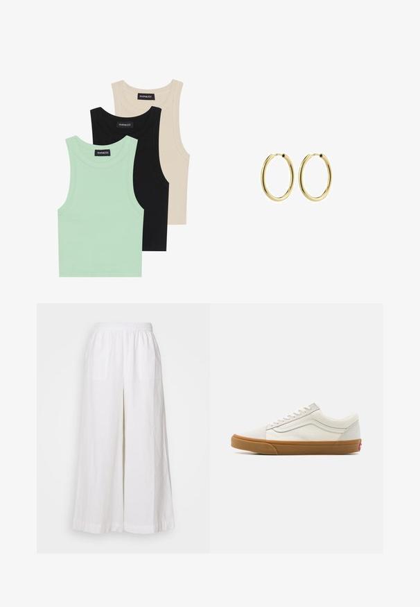 Tri tanke s kratkimi rokavi v mint zeleni, črni in bež barvi; narejene iz rebrastih tkanin z okroglim izrezom in brez rokavov. Vidna oznaka blagovne znamke.; Bela lanena široka hlače z elastičnim pasom, ki imajo dva sprednja žepa in lahkoten, teksturiran material.; Beli platneni nizki športniki z gumijastim podplatom, okroglo konico, vezalnim zapiranjem in stransko usnjeno črto.; Zlate kovinske obročaste uhane z gladko površino, krožno obliko in varnim zapiralom. Polirana površina brez vidnih vzorcev ali dodatkov.