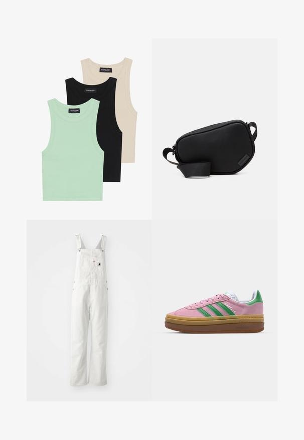 Drei Tanktops in Mintgrün, Schwarz und Beige; aus geripptem Stoff mit Rundhalsausschnitt und ohne Ärmel. Markenlabel sichtbar.; Weiße Baumwoll-Overall mit verstellbaren Trägern, Fronttasche und Seitenknöpfen; lockere Passform mit geraden Beinen; minimale sichtbare Nähte.; Rosa Wildledersneaker mit grünen Streifen, weißen Akzenten und einer braunen Gummisohle. Verfügt über strukturierten Stoff und Logodetails an der Seite.; Schwarze, mit Reißverschluss ausgestattete Umhängetasche aus glattem Material, mit flacher Form, einem einzelnen Riemen und einem kleinen Logo-Detail. Minimalistisches Design.; Vier Paar silberne Ohrringe: zwei glänzende, glatte Creolen-Designs, eines mit Textur und eines mit kleinen, klaren Strasssteinen bedeckt.