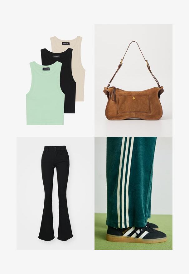 Drei Tanktops in Mintgrün, Schwarz und Beige; aus geripptem Stoff mit Rundhalsausschnitt und ohne Ärmel. Markenlabel sichtbar.; Schwarze, ausgestellt geschnittene Jeans mit hoher Taille, ausgestattet mit zwei Vorderknöpfen und einem Reißverschluss. Hergestellt aus einem weichen Denim-Material mit glatter Textur.; Grüne strukturierte Hose mit weißen Seitenstreifen, kombiniert mit schwarzen Adidas Turnschuhen, die drei weiße Streifen und eine Gummisohle haben.; Dolce Vita JOSIE - Handtasche - pecan; Goldfarbene Ohrringe mit einer glatten, runden Form, die eine reflektierende Oberfläche und einen Steckverschluss für sicheren Halt aufweisen.