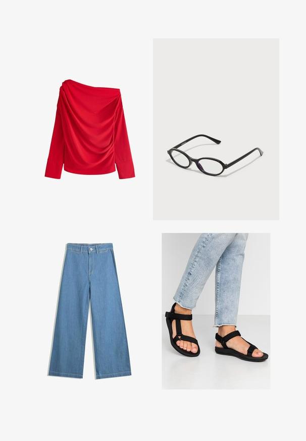 Rode off-the-shoulder top met lange mouwen. Kenmerkt zich door gedrapeerde stof aan de voorkant en een gladde textuur. Simpel, elegant ontwerp.; Lichtblauwe wijde jeans van denim, met een knoopsluiting, riemlussen en subtiele stikseldetails.; Zwarte sandalen met verstelbare riemen. Zacht, gestructureerd materiaal en een gevormde voetbed. Gepaard met lichtblauwe versleten jeans.; Zwarte ovale brillen met doorschijnende paarse accenten op de lenzen. De monturen hebben een matte afwerking en slanke, rechte veren.; Zwarte geweven leren tas met een ronde vorm, meerdere gevlochten handvatten, een ritssluiting en een verstelbare schouderriem. Getextureerd oppervlak.