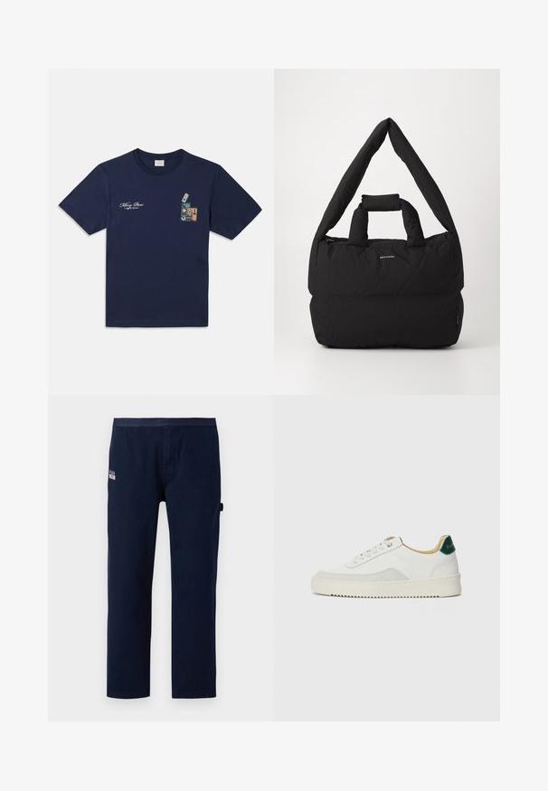 Navyblauw katoenen T-shirt met korte mouwen, voorzien van een grafisch ontwerp van gestapelde cassettebandjes en de tekst "Killing Bees" op de borst.; Marineblauwe katoenen broek met een recht gesneden ontwerp, met een zijzak en een klein merklabel op de tailleband.; Witte sneaker met suède accenten, ronde neus, platte veters en een crème rubberen zool. Bevat groene branding op de hiel.; Zwarte gevoerde tas met een brede, zachte schouderband en een bovenhandvat. Voorzien van een ritsluiting en een subtiel logo aan de voorkant.