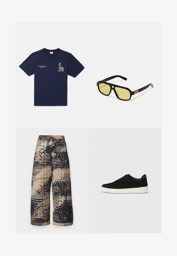 Námořnická modrá bavlněná trička s krátkým rukávem, se vzorem naskládaných kazet a textem "Killing Bees" na hrudi.; Přehozové kalhoty širokého střihu v béžové a černé barvě s abstraktními vzory a stahovací šňůrkou v pase. Texturovaný povrch s horizontálními pruhy.; Černé semišové tenisky s krajkovým designem a kontrastní bílou gumovou podrážkou. Obsahují texturované boční panely a jemné branding na patě.; GCDS UNISEX - Sluneční brýle - shiny black