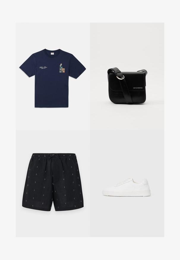 Granatowa bawełniana koszulka z krótkim rękawem, z grafiką stosu kaset magnetofonowych oraz napisem "Zabijanie pszczół" na klatce piersiowej.; Czarne lniane szorty z elastycznym pasem i sznurkiem. Zawierają małe białe geometryczne wzory na całej tkaninie.; Białe trampki z gładką skórzaną cholewką, okrągłym noskiem, sznurowadłami, teksturowanymi akcentami po bokach oraz grubą gumową podeszwą. Minimalistyczny design.; WANT Les Essentiels ARCH UNISEX czarny