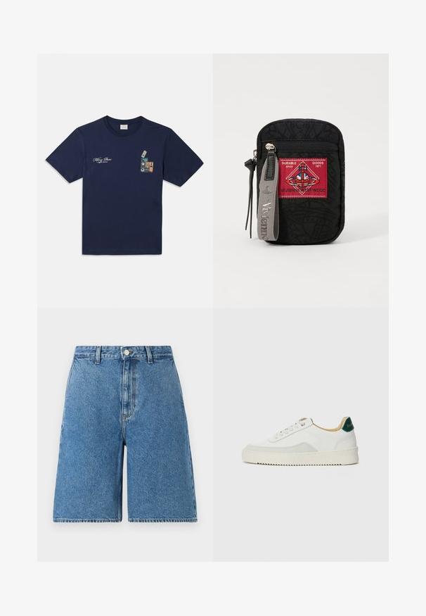 Himmelblaues Baumwoll-T-Shirt mit kurzen Ärmeln, mit einem Grafikmotiv von übereinander gestapelten Musikkassetten und dem Text "Killing Bees" auf der Brust.; Blaue Denim-Shorts mit hoher Taille, ausgestattet mit einem Knopfverschluss vorne, seitlichen Taschen und einem geraden Beinschnitt.; Weiße Sneaker mit Wildlederelementen, runder Zehenpartie, flachen Schnürsenkeln und einer cremefarbenen Gummisohle. Mit grünen Markenlogo am Fersenbereich.; Schwarze Tasche aus strukturiertem Stoff, mit einem roten Patch mit Logo, Reißverschluss und einem grauen Tragegurt mit eingeprägtem Markennamen.