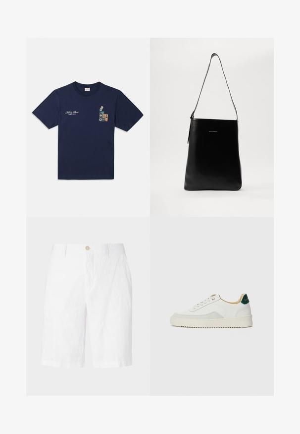 Navy blue cotton t-shirt with short sleeves, featuring a graphic of stacked cassette tapes and the text "Killing Bees" on the chest.; White linen shorts with a button closure, featuring a relaxed fit, straight cut, and no visible patterns or accents. Smooth texture.; White sneaker with suede accents, rounded toe, flat laces, and a cream rubber sole. Features green branding on the heel.; Black leather shoulder bag with a smooth texture, rectangular shape, and a long strap; features a small white logo at the center.