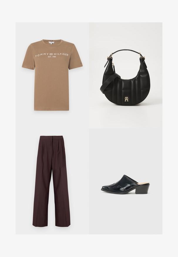 T-shirt en coton marron à manches courtes, avec le texte logo blanc "TOMMY HILFIGER EST. 1985" sur le devant et un petit accent logo sur la manche.; Pantalon large en tissu bordeaux foncé. Doté d'une taille plate et de plis à l'avant. Texture lisse avec un design ajusté.; Mules en cuir verni noir avec un bout pointu, un design courbé et un petit talon bloc, ornés de piqûres décoratives sur le dessus.; Sac à main en cuir noir avec une forme incurvée, texture matelassée et quincaillerie dorée. Dispose d'une bandoulière amovible et d'un détail de logo.