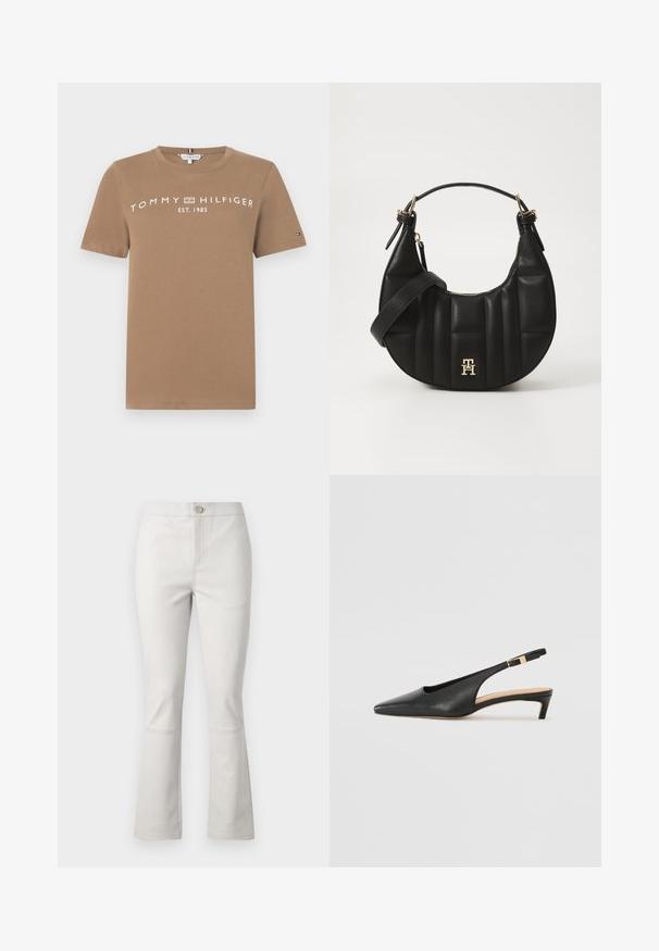 Barna pamut póló rövid ujjakkal, elöl fehér logó szöveggel TOMMY HILFIGER EST. 1985, valamint egy kisebb logó akcentussal az ujján.; Világosszürke, bővülő szárú, pamut keverék nadrág. Elöl zsebekkel, gombos záródással és finoman steppelt részletekkel a varrás mentén.; Fekete bőr slingback sarkú cipő, hegyes orral, alacsony sarokkal és állítható bokapánttal, aranyszínű csattal. Simább textúra.; Fekete bőrtáska ívelt formával, steppelt textúrával és arany hardware-rel. Levehető vállpánttal és logó részlettel rendelkezik.
