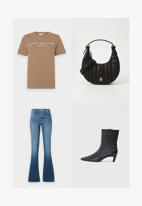 Brun bomulds t-shirt med korte ærmer, med hvid logo tekst "TOMMY HILFIGER EST. 1985" på forsiden og et lille logo-accent på ærmet.; Blå denim flared jeans med høj talje, der har en frontknaplukning, diskret slidser og en glat, blød tekstur.; Sorte læder ankelstøvler med spids tå og en lav hæl. Har en glat overflade og et lille guld logo detalje på siden.; Sort læderhandtaske med en bøjelig form, kviltet tekstur og guld hardware. Har en aftagelig skulderrem og logo-detalje.