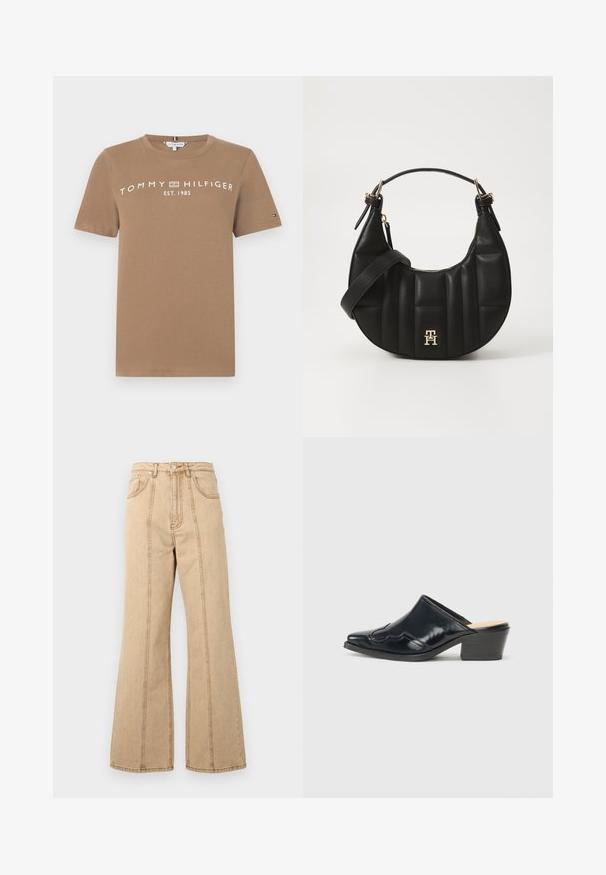Brun bomulls t-skjorte med korte ermer, med hvit logo tekst "TOMMY HILFIGER EST. 1985" på forsiden og en liten logo aksent på ermet.; Beige vide benbukser med høy livhøyde, fem lommer og kontrasterende sømmer for ekstra detaljer. Laget av bomullsstoff med en glatt tekstur.; Sorte patentlær mules med spiss tå, en buet design og en lav blokkhæl som har dekorativ søm langs overdelen.; Svart skinnhåndveske med en buet form, kviltet tekstur og gullhardware. Har en avtagbar skulderrem og logo-detaljer.