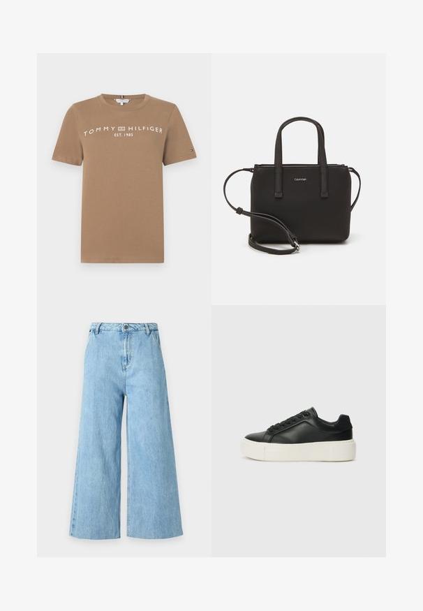 Brūna kokvilnas T-krekls ar īsām piedurknēm, kuram priekšpusē ir balts logo uzraksts "TOMMY HILFIGER EST. 1985" un mazs logo akcents uz piedurknes.; Gaiši zilas platās džinsa bikses, kurām ir augsta josta, priekšējās kabatas un tīras malās bez rotājumiem.; Melnas ādas kedas ar noapaļotu pirkstu, baltu platformas zoli un melnām auklām. Iespējams, satur diskrētu logo uz papēža un gludu tekstūru.; Melns roku soma ar divām īsām rokturiem un noņemamu plecu siksnu. Gluda ādas līdzīga materiāla ar rāvējslēdzēja aizdari un logos detaļu.