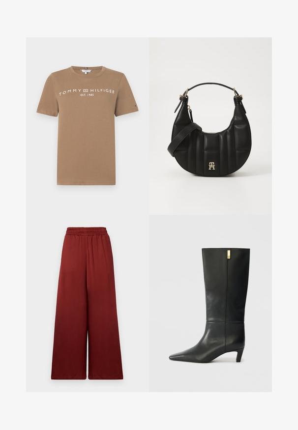Brown cotton t-shirt with short sleeves, featuring a white logo text "TOMMY HILFIGER EST. 1985" across the front and a small logo accent on the sleeve.; Wide-leg trousers made of smooth fabric in a deep burgundy color, featuring an elastic waistband for comfort and fluid drape.; Black leather knee-high boot with a pointed toe and a small heel. Features a sleek design with a gold accent detail. Smooth texture.; Black leather handbag with a curved shape, quilted texture, and gold hardware. Features a detachable shoulder strap and logo detail.