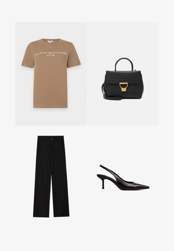 Brun bomullströja med korta ärmar, med vit logotyptext "TOMMY HILFIGER EST. 1985" på framsidan och en liten logotypdetalj på ärmen.; Breda svarta byxor i en mjuk tygkvalitet, med framfickor och knäppning i midjan. Minimalistisk design utan mönster.; NA-KD Pumps - black; Svart läderhandväska med guldhardware, strukturerad design, handtag upptill, avtagbar axelrem och en framflik med spänne.