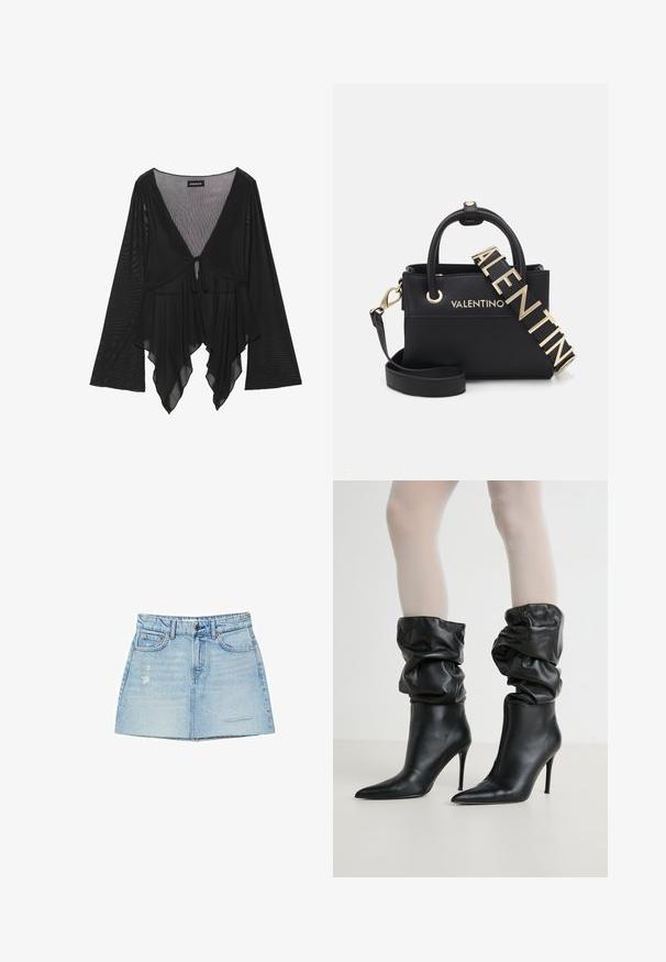 Sort gennemsigtig bluse med lange klokkeærmer, dyb V-hals og frontbinding. Har en flydende, lagdelt sømkant med subtil tekstur.; Lyseblå denimnederdel med let A-form, rå kant og falmede detaljer. Har bæltestropper og forlommer.; Sorte læderankelstøvler med et afslappet design, spidse tå og højt stilettohæl, med en blød, struktureret finish omkring kanten.; Sorte tekstureret lædertaske med guld hardware, dobbelte håndtag og aftagelig skulderrem med prægede brandnavn.