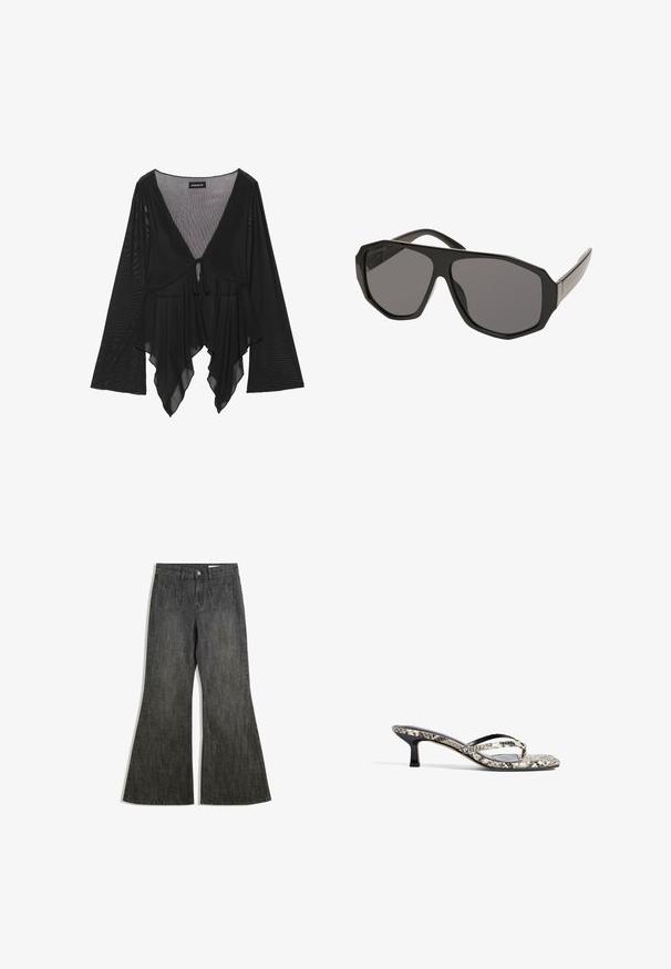 Mustan läpikuultava pusero, jossa on pitkät kellotähdit, syvä V-pääntie ja etuisen solmukkeen yksityiskohta. Ominaisuudet sisältävät virtaavan, kerroksellisen helman, jossa on hienovarainen tekstuuri.; Mustat leveälahkeiset farkut, joissa on korkea vyötärö, joissa on kaksi etutaskua ja kaksi takataskua, valmistettu rakenteellisesta farkkukankaasta.; Mustekki ja valkoinen käärmeennahkakuosiset avotossut, joissa on kaksi hoikkaa remmiä ja matala, nelikulmainen korko. Sileä pinta kiiltävillä yksityiskohdilla.; Mustat ylisuuret aurinkolasit, joissa on oktaedrimäinen kehys, harmaat sävytetyt linssit ja sileät muoviset varret. Metalliset yksityiskohdat saranan lähellä.; Musta teksturoitu nahkalaukku hopeasomisteilla yläreunassa ja kahvoissa, jossa on lyhyt kahva ja irrotettava olkahihna.