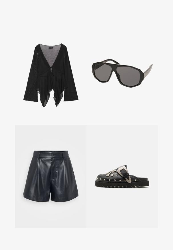 Blusa negra transparente con mangas largas de campana, escote profundo en V y detalle de lazo en el frente. Presenta un dobladillo fluido y estratificado con una sutil textura.; Pantalones cortos de cuero negro con una textura suave, diseño a medida, frente plisado y pasadores para cinturón; cuenta con un bolsillo con cremallera oculta en el lateral.; Zuecos de cuero negro con adornos metálicos, incluidos remaches y una hebilla decorativa, que cuentan con una suela gruesa y dentada.; Gafas de sol negras de gran tamaño con una montura octagonal, lentes tintados en gris y brazos de plástico liso. Detalles metálicos cerca de las bisagras.; Bolso de mano de cuero negro texturizado con tachuelas plateadas a lo largo del borde superior y las asas, que cuenta con una asa corta y una correa desmontable.