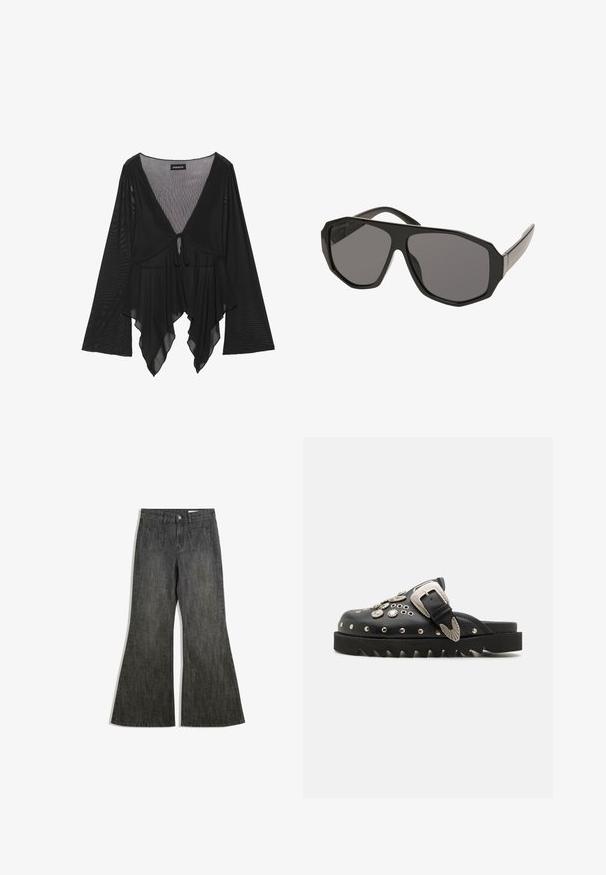 Mustan läpikuultava pusero, jossa on pitkät kellotähdit, syvä V-pääntie ja etuisen solmukkeen yksityiskohta. Ominaisuudet sisältävät virtaavan, kerroksellisen helman, jossa on hienovarainen tekstuuri.; Mustat leveälahkeiset farkut, joissa on korkea vyötärö, joissa on kaksi etutaskua ja kaksi takataskua, valmistettu rakenteellisesta farkkukankaasta.; Mustat nahkakengät tukeva, sahalaitainen pohja, metallikoristeilla, kuten niiteillä ja koristeellisella soljella.; Mustat ylisuuret aurinkolasit, joissa on oktaedrimäinen kehys, harmaat sävytetyt linssit ja sileät muoviset varret. Metalliset yksityiskohdat saranan lähellä.; Musta teksturoitu nahkalaukku hopeasomisteilla yläreunassa ja kahvoissa, jossa on lyhyt kahva ja irrotettava olkahihna.