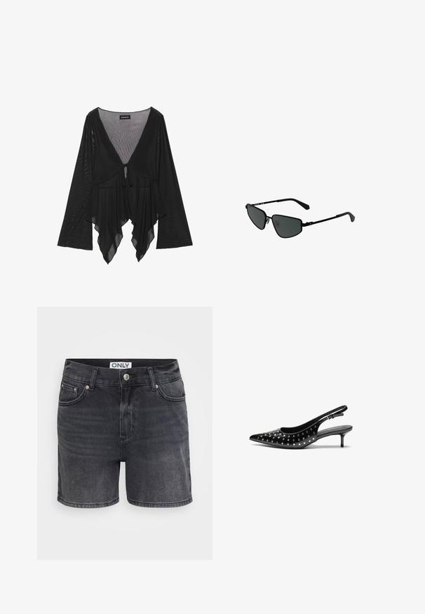 Melna caurspīdīga blūze ar garām zvaniņu piedurknēm, dziļu V-veida kakla izgriezumu un priekšējo saistīšanas detaļu. Iespējots plūstošs, slāņots apakšmalas dizains ar maigu tekstūru.; Melnas denim šorti ar klasisku dizainu, kas piedāvā piecu kabatu stilistika, priekšējo pogu aizdari un smalkas izbalināšanas detaļas.; Melna ādas siksnām aprīkotas augstpapēžu kurpes ar smailu purngalu un mazu papēdi. Dekorētas ar metāla kniedēm ap augšējo daļu, lai pievienotu papildu tekstūru.; Melnās metāla saulesbrilles ar leņķveida rāmjiem un tumšiem stikliem. Tām ir plānas, taisnas kājas un deguna spilventiņi drošai piegulšanai.; Melnas strukturētas ādas rokassomu ar sudraba kniedēm gar augšējo malu un rokturiem, kura ietver īsu rokturi un noņemamu siksniņu.