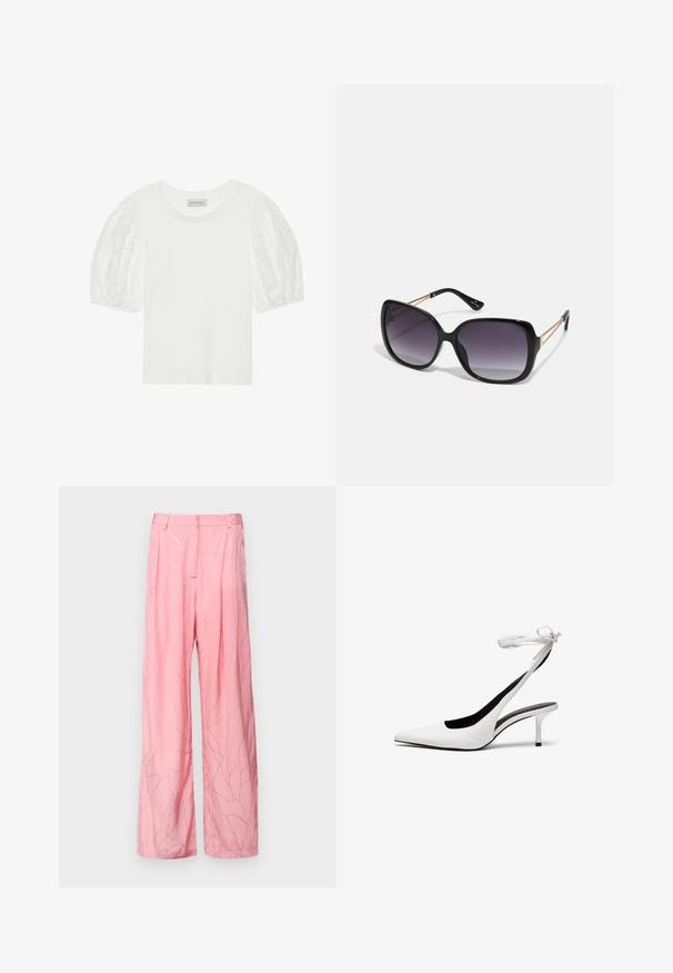 Fehér pamut póló áttetsző, hímzett puffujjakkal. Klasszikus kerek nyakú dizájn, laza fazonnal. Egyszerű és modern esztétika.; Rózsaszín, széles szárú nadrág könnyű anyagból, finom levélmintával és redőzéssel, sima textúrával és szabott derékkal.; Fehér, hegyes orrú, hátsó pánttal ellátott magassarkú cipők vékony boka pánttal. Finom bőrből készült, vékony tűsarkú, és fekete belső béléssel rendelkezik.; Fekete, oversize napszemüveg fokozatos árnyalatú lencsékkel, vastag kerettel és arany színű lánc díszítéssel a szárakon.; Fehér, strukturált kézitáska rövid füllel és vállpánttal, arany színű fém kiegészítőkkel és texturált anyagból, szürke háttér előtt bemutatva.