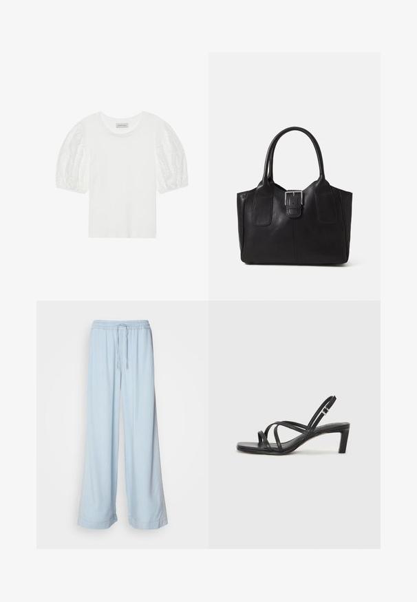 Camiseta de algodón blanca con mangas abullonadas de encaje semitransparente y bordadas. Diseño clásico de cuello redondo con corte relajado. Estética simple y moderna.; Pantalones de pierna ancha, de color azul claro, con cinturilla elástica y cordón, que presentan un tejido suave y un discreto detalle de costura en los laterales.; Sandalia negra de tiras con punta cuadrada y tacón bajo de bloque. Presenta múltiples tiras delgadas y una correa ajustable en el tobillo. Fabricada en cuero suave.; Bolso tote de cuero negro con textura suave, forma estructurada, dos asas y un prominente detalle de hebilla plateada en la parte frontal.; Anillo de plata de doble banda con una superficie lisa y pulida. Presenta un diseño fluido y curvado con secciones superpuestas para un aspecto moderno.