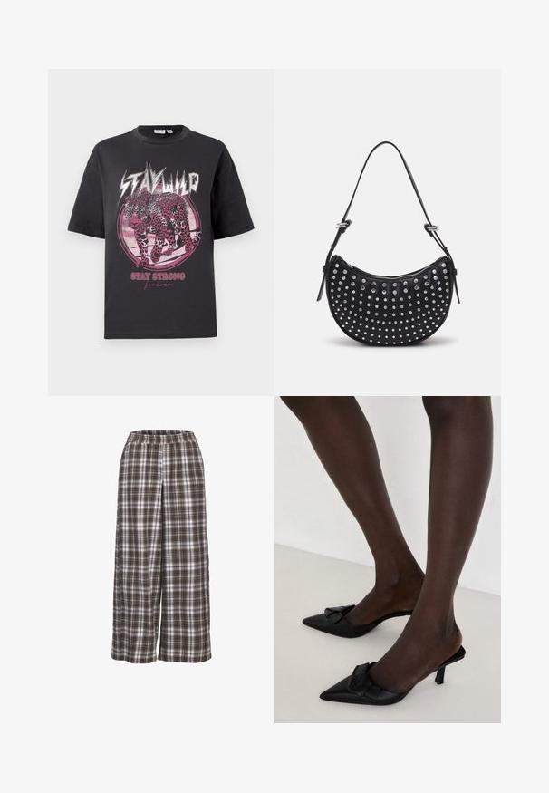 Fekete pamut póló rövid ujjakkal. Rózsaszín leopárd grafikával, kör alakú dizájnnal, és szöveggel: "MARADJ SZABAD" és "MARADJ ERŐS ÖRÖKKÉ."; Fehér, hosszú ujjas ing struktúrált gallérral és fekete nyakkendővel, sima pamut textúrával és gombos elülső kialakítással.; Széles lábú kockás nadrág barna, fehér és szürke árnyalatokban; rugalmas derék; puha anyag; klasszikus kockás minta jellemzi.; Fekete, hegyes orrú mules sima bőrből, masni díszítéssel a lábfején és rövid, vékony sarokkal.; Call it Spring SPARKLINA - Kézitáska - black