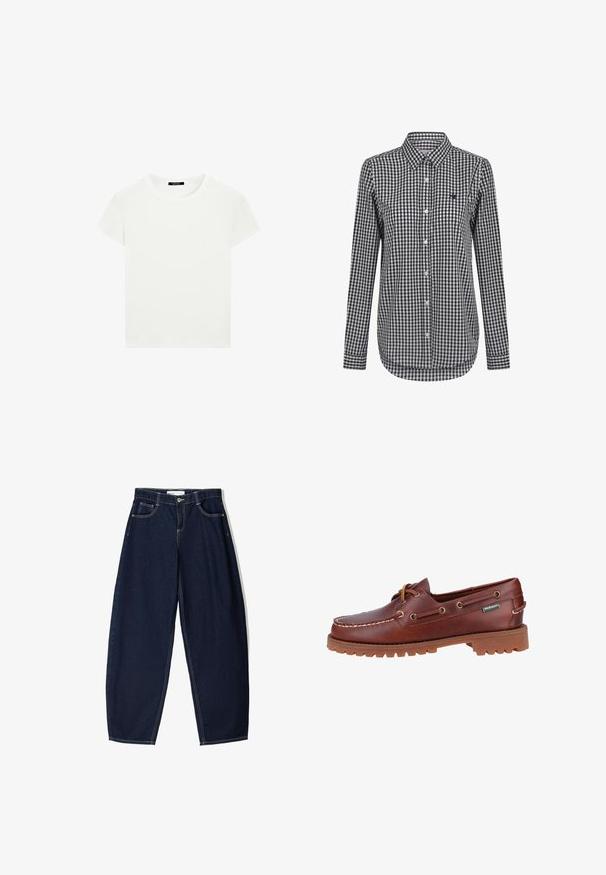 Schlichtes weißes T-Shirt mit kurzen Ärmeln und Rundhalsausschnitt in schlanker Passform, flach vor einem weißen Hintergrund präsentiert.; Langärmliges kariertes Hemd in Schwarz und Weiß, mit Button-Down-Kragen und abgerundetem Saum. Enthält ein kleines Logo auf der Brust.; Dunkelblaue Jeanshose mit lockerer Passform, ausgestattet mit fünf Taschen, kontrastierenden Nähten und einem Reißverschluss vorne.; Braune Lederbootsschuhe mit runder Zehenform, Schnürdesign, Metallösen und strapazierfähiger Gummisohle. Mit weißer Naht und Markenetikett.