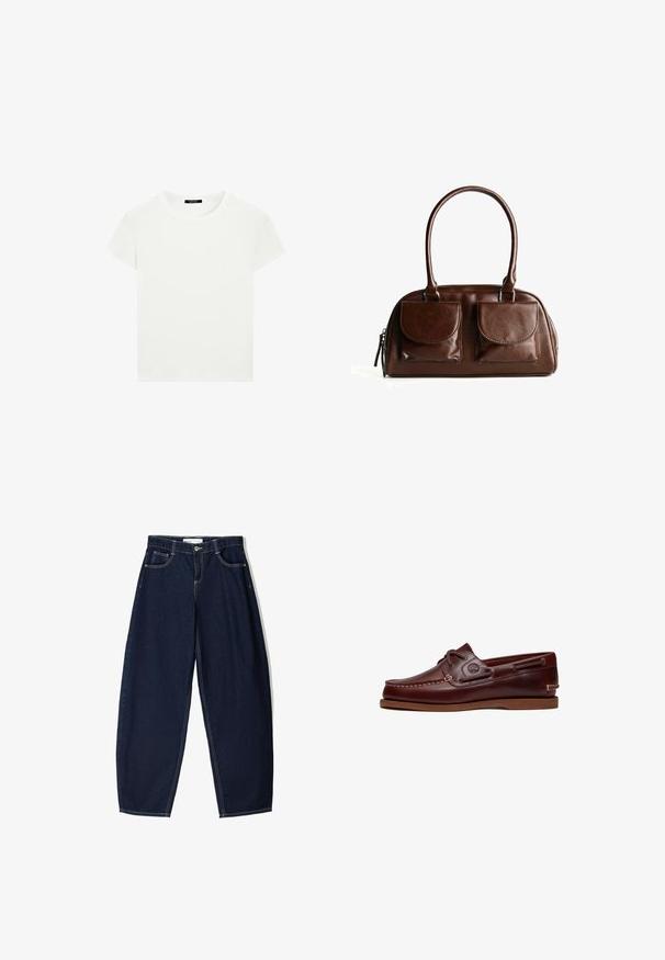 Schlichtes weißes T-Shirt mit kurzen Ärmeln und Rundhalsausschnitt in schlanker Passform, flach vor einem weißen Hintergrund präsentiert.; Langärmliges kariertes Hemd in Schwarz und Weiß, mit Button-Down-Kragen und abgerundetem Saum. Enthält ein kleines Logo auf der Brust.; Dunkelblaue Jeanshose mit lockerer Passform, ausgestattet mit fünf Taschen, kontrastierenden Nähten und einem Reißverschluss vorne.; Braune Lederbootsschuhe mit einer abgerundeten Zehe, gestickten Details, kontrastierender beigefarbener Sohle und Metallösen für die Schnürsenkel. Zeitloses Design.; Braune Lederhandtasche mit zwei Vorderklappen, abgerundeten Griffen und einem Reißverschluss an der Seite vor einem weißen Hintergrund.