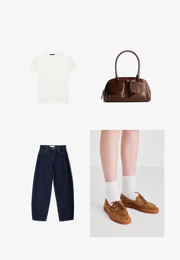 Schlichtes weißes T-Shirt mit kurzen Ärmeln und Rundhalsausschnitt in schlanker Passform, flach vor einem weißen Hintergrund präsentiert.; Langärmliges kariertes Hemd in Schwarz und Weiß, mit Button-Down-Kragen und abgerundetem Saum. Enthält ein kleines Logo auf der Brust.; Dunkelblaue Jeanshose mit lockerer Passform, ausgestattet mit fünf Taschen, kontrastierenden Nähten und einem Reißverschluss vorne.; Braune Wildleder-Schuhe mit Gummisohle, ausgestattet mit Schnürsenkeln, metallischen Ösen und getragen mit weißen Knöchelsocken.; Braune Lederhandtasche mit zwei Vorderklappen, abgerundeten Griffen und einem Reißverschluss an der Seite vor einem weißen Hintergrund.