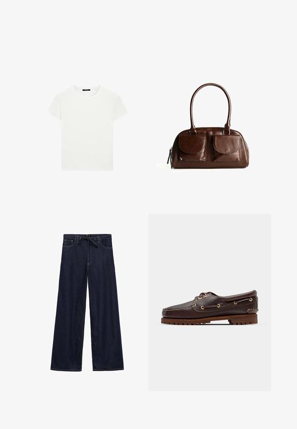 Rak vit kortärmad t-shirt med rund halsringning och slim fit, lagd platt mot en vit bakgrund.; Långärmad rutig skjorta i svart och vitt, med en knapp-under krage och en rundad fåll. Inkluderar en liten logotyp på bröstet.; Breda byxor i mörkblå denim med dragsko i midjan, med gula sömmar och femfickesdesign.; Bruna lädersko med båtstil, guldögon, runda skosnören och en texturerad brun gummisula. Har sydda detaljer och en upphöjd logotyp.; Brun läderhandväska med två framfickor med klaff, rundade handtag och en dragkedja på sidan mot en vit bakgrund.