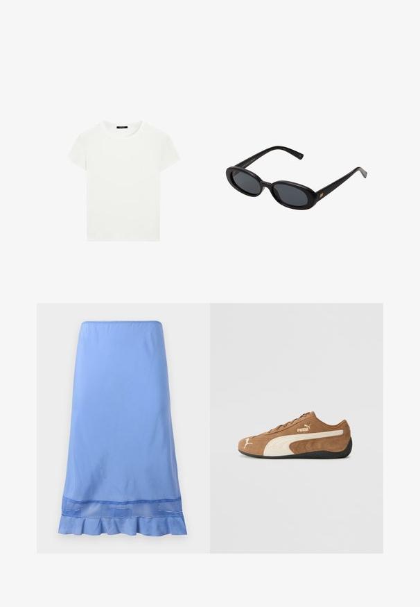 Schlichtes weißes T-Shirt mit kurzen Ärmeln und Rundhalsausschnitt in schlanker Passform, flach vor einem weißen Hintergrund präsentiert.; Helle blaue, knielange Skirt aus glattem Stoff, mit einem gerafften Saum und einem Netzakzent nahe dem Saum. Einfaches Pull-On-Design.; Braune Wildleder-Low-Top-Sneaker mit cremefarbenen Akzenten, strukturierter Oberfläche, schwarzer Gummisohle und gesticktem Logo an der Seite und Zunge.; Schwarze, oversized Sonnenbrillen mit ovalen Gläsern, glattem Kunststoffrahmen und goldenen Akzenten an den Bügeln. Die dunklen Gläser bieten Sonnenschutz.; Geflochtenes, cremefarbenes Taschen-Set, bestehend aus einer größeren Handtasche mit rundem Griff und einer kleineren Tasche mit einem Riemen, beide mit einheitlicher Textur.