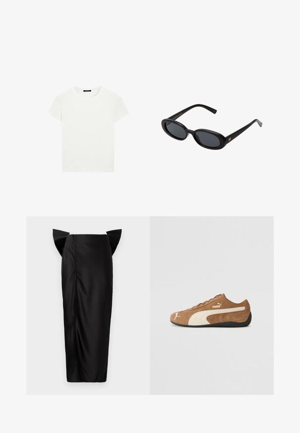 Jednoduché bílé tričko s krátkým rukávem a kulatým výstřihem, slim fit, vystavené rovně na bílém pozadí.; Černá midi sukně se seříznutým siluetou, která má unikátní rozšířené panely v oblasti boků, hladkou texturu a boční zip.; Hnědé semišové nízké tenisky s krémovými akcenty, texturovaným povrchem, černou gumovou podrážkou a vyšívaným logem na boku a jazyku.; Černé oversized sluneční brýle s oválnými čočkami, hladkým plastovým rámem a zlatými akcenty na spáncích. Tmavé čočky poskytují ochranu před sluncem.