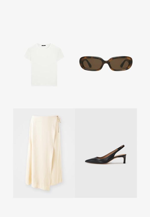 Jednoduché bílé tričko s krátkým rukávem a kulatým výstřihem, slim fit, vystavené rovně na bílém pozadí.; Krémlová, lehká zavinovací sukně vyrobená z měkké látky, s vázáním na boku a splývavým A-liniovým střihem.; Černé kožené slingback lodičky s špičatou špičkou, nízkým podpatkem a hladkým povrchem. Disponují tenkým nastavitelným páskem pro bezpečné uchycení.; Skořicové sluneční brýle s hladkým, zaobleným obdélníkovým rámem a hnědými skly. Mají tenké, zakřivené ramena s lesklým povrchem.