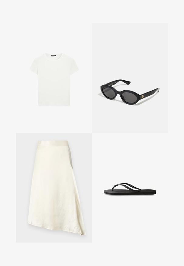 Plain white short-sleeve crew neck t-shirt with a slim fit, displayed flat against a white background.; A cream, knee-length skirt made of smooth satin fabric with a slight sheen. Features an A-line design and a gathered waist for fit.; Black flip-flop featuring a textured rubber sole, two slender straps, and a subtle, embossed logo detail on the strap.; Black oval sunglasses with dark lenses and glossy plastic frame. Features gold logo on the temple, offering a sleek and modern design.
