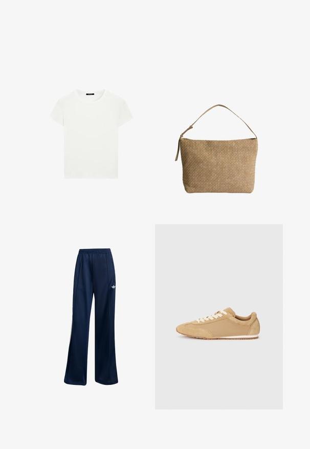 Plain white short-sleeve crew neck t-shirt with a slim fit, displayed flat against a white background.; Navy blue athletic pants made from smooth fabric, featuring an elastic waistband and white logo detail on the left hip. Straight-leg design.; Light brown sneaker made of suede and fabric, featuring a rounded toe, white laces, and a rubber sole with a textured finish.; Woven beige leather bag with a single shoulder strap, featuring a rectangular shape and textured surface. Adjustable strap hardware included.