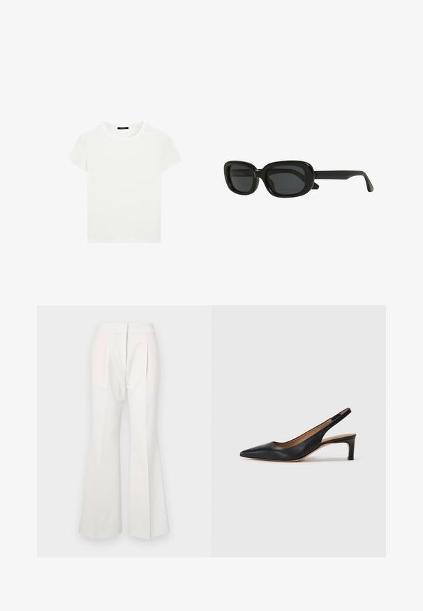 Plain white short-sleeve crew neck t-shirt with a slim fit, displayed flat against a white background.; White flared trousers with a smooth texture, featuring pleats at the front and subtly contrasting fabric panels in a lighter shade.; Black leather slingback pump with a pointed toe, low heel, and a smooth texture. Features a thin adjustable strap for a secure fit.; Black rectangular sunglasses with a thick frame, dark tinted lenses, and a sleek design. The arms have a smooth finish.