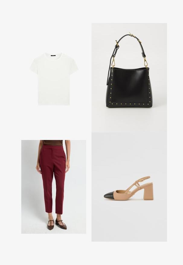 Simpel hvid t-shirt med korte ærmer og rund halsudskæring, slim fit, præsenteret fladt mod en hvid baggrund.; Bordeaux skræddersyede bukser med lige snit, fremstillet af et glat, tekstureret stof og med en frontfure. Bæres med brune fodtøj.; Beige slingback sko med en sort spids tå, en firkantet høj hæl og to remdetaljer, fremstillet af et glat materiale.; Sort læderhandtaske med en struktureret form, der har guldnitter langs kanterne og et aftageligt bånd med guldhardware-detaljer.; Guldtonet halskæde med en kraftig kæde med glatte led, parret med en delikat kæde, der holder en hjerteformet vedhæng med stenaccenter.