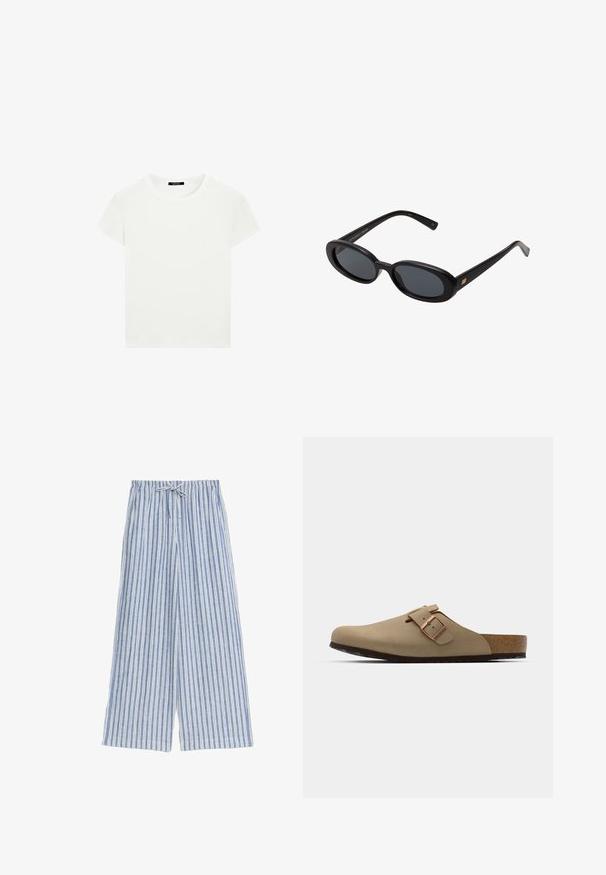 Effen witte T-shirt met korte mouwen en een ronde hals, met een slim fit, vlak weergegeven tegen een witte achtergrond.; Blauwe en witte gestreepte wijde broek met een trekkoord in de taille, gemaakt van lichtgewicht stof, met verticale strepen en een relaxte pasvorm.; Beige klompen met een afgeronde neus, verstelbare gespaccent, en kurk voetbed. Gestructureerd oppervlak met een zwarte rubberen zool voor grip.; Zwarte oversized zonnebril met ovale lenzen, een glad plastic montuur en gouden accenten op de pootjes. Donkere lenzen bieden bescherming tegen de zon.; Geweven, crèmekleurige tasset met een grotere handtas met een ronde handgreep en een kleinere zak met een bandje, beide met een uniforme textuur.